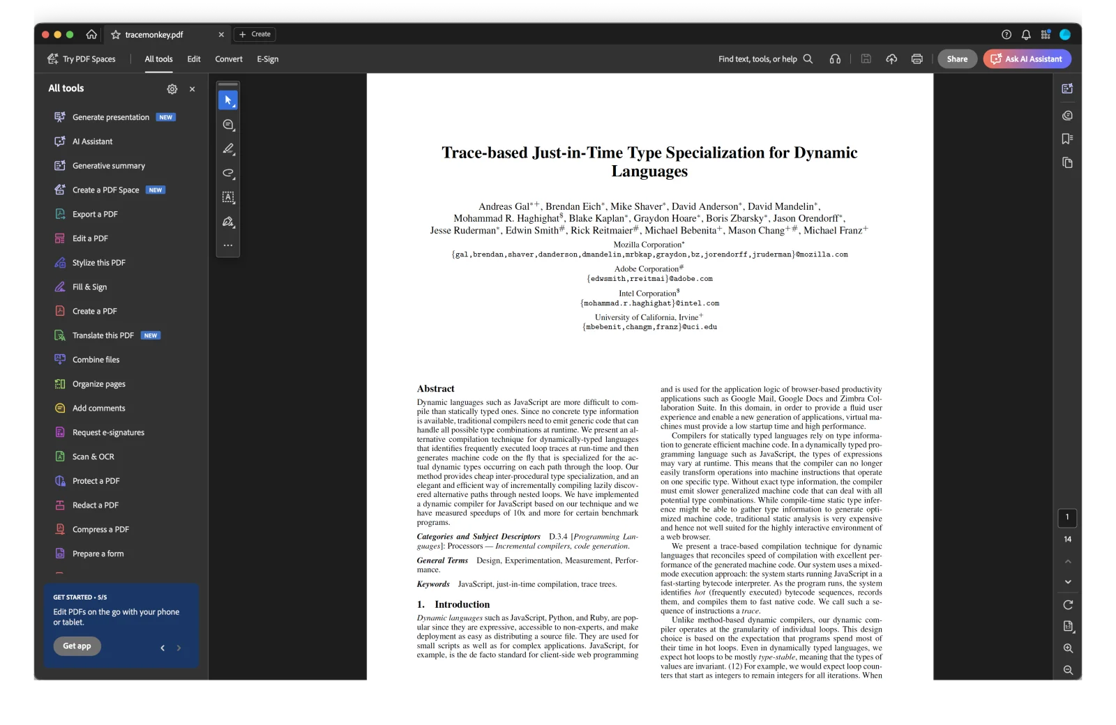 Acrobat with a PDF open and the Tools panel visible