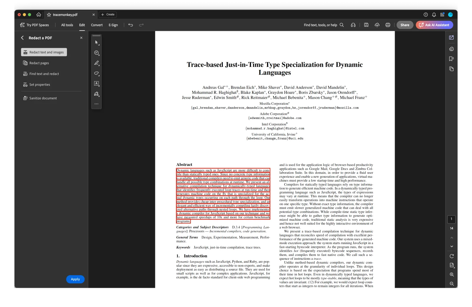 Acrobat showing the Redact toolbar with marks across sensitive text