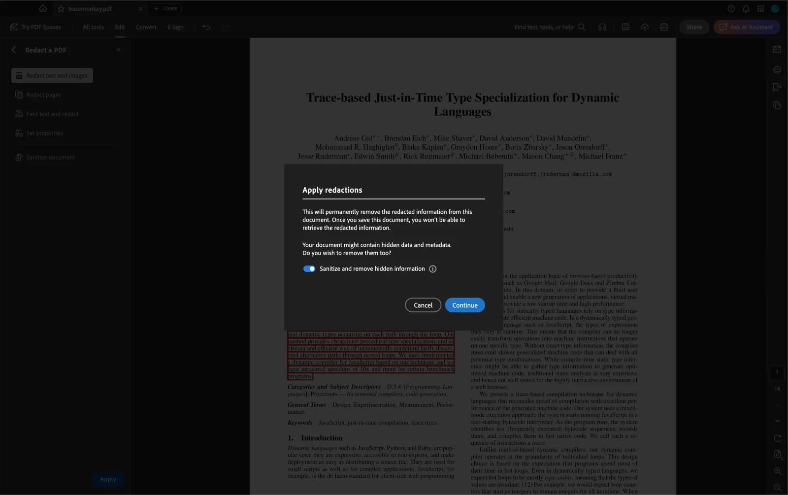 Acrobat's confirm-apply-redactions dialog