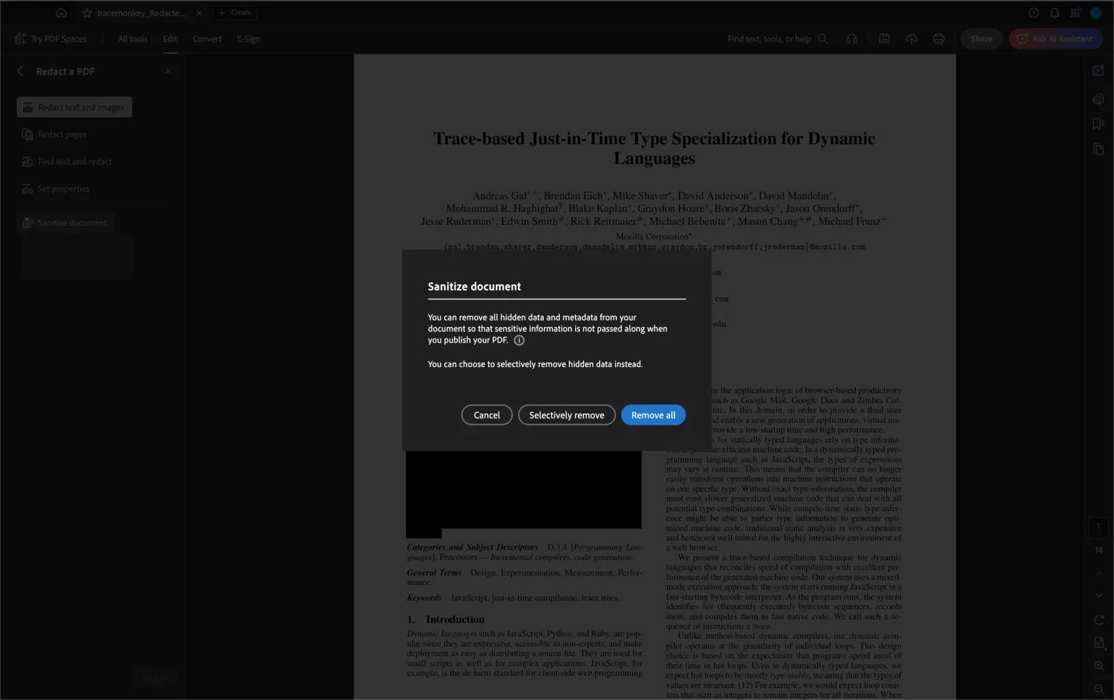 Acrobat's Sanitize Document dialog