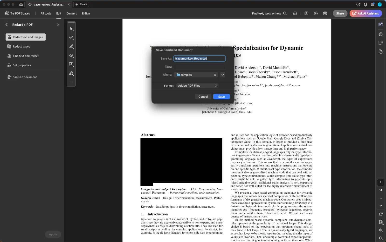 Acrobat's Save As dialog with a new filename