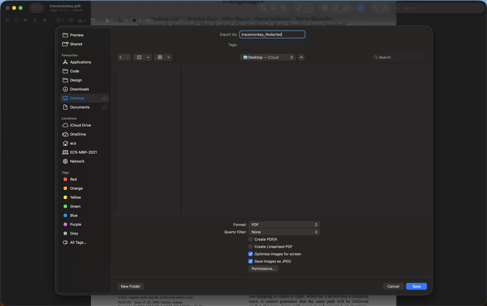 Preview's Export as PDF dialog