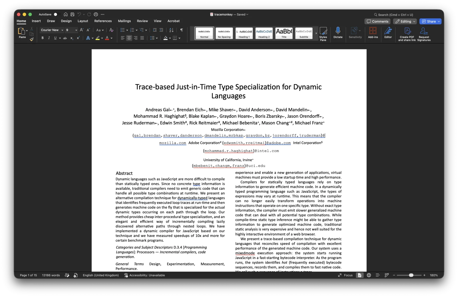 Word with a document open