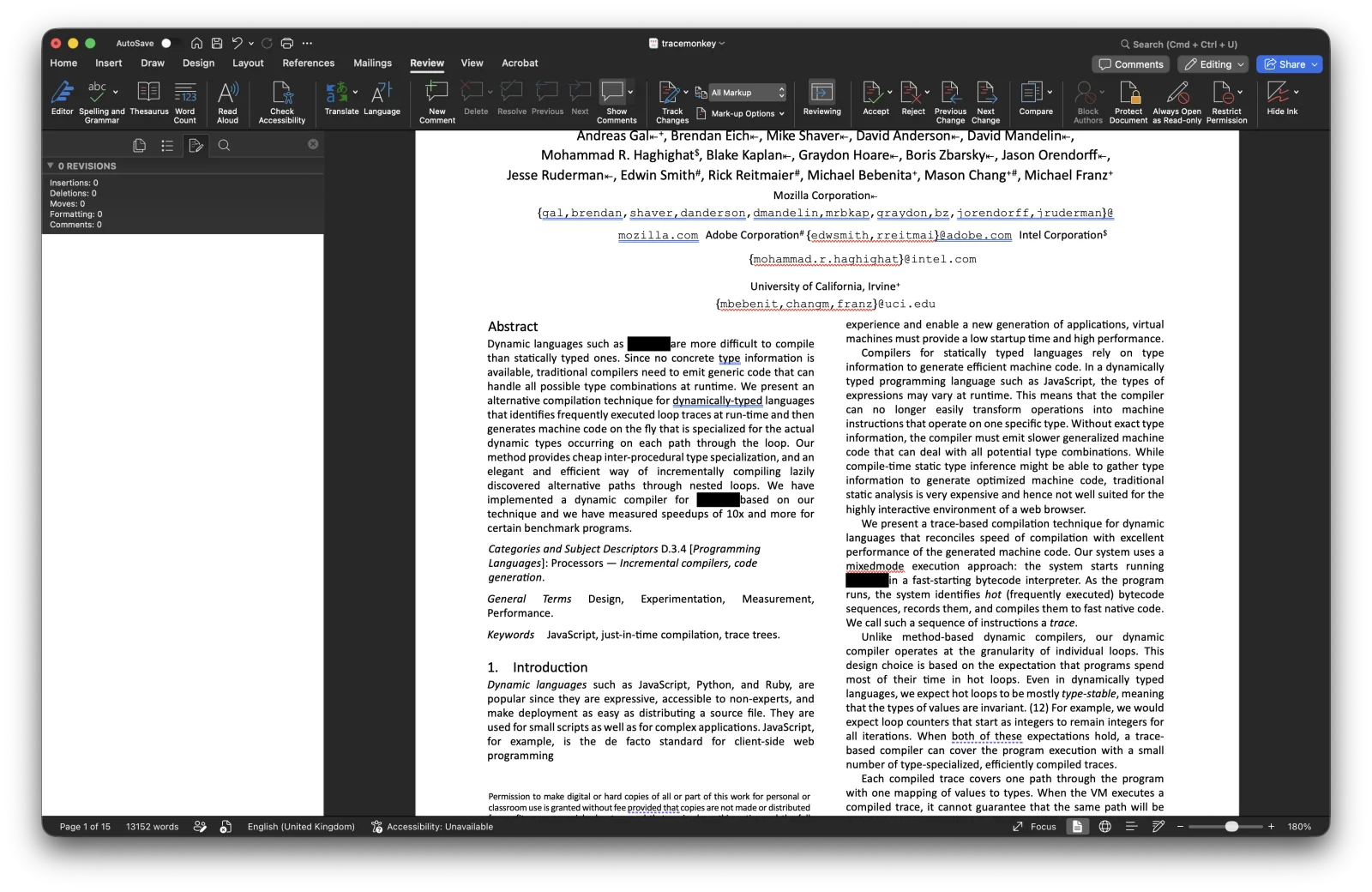 Word's track changes panel showing all changes accepted