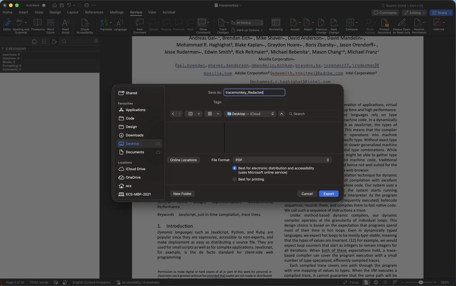 Word's Save As dialog with PDF selected